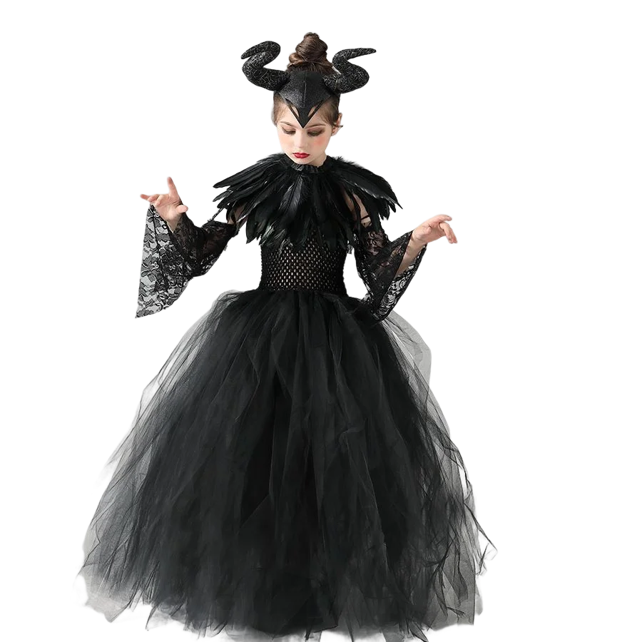 Disney Maleficent Devil Queen Tutu Costume Halloween Girls Fancy Tutu Dress with Feather Shawl Royal Kids Ball Gown Robe Outfits