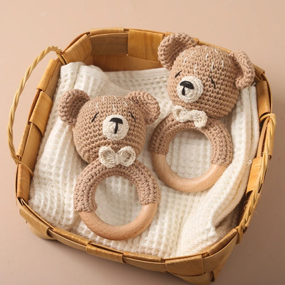 1pc Baby Rattles Crochet Flower Rattle Toy Wood Ring Baby Teether Rodent Infant Gym Mobile Rattles Newborn Educational Toys Gift