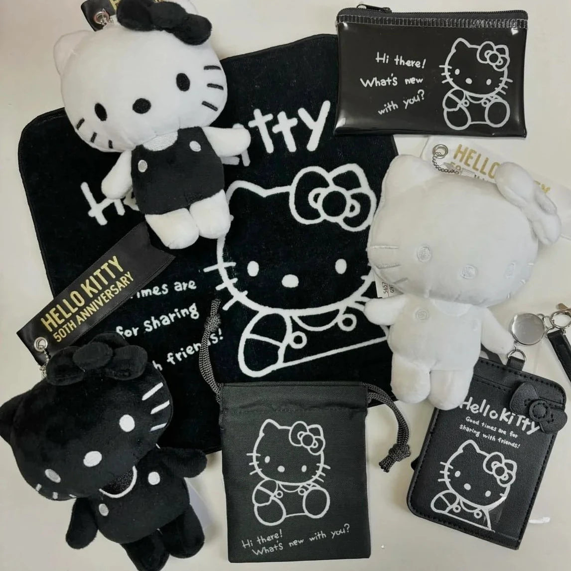 Sanrio 50th Anniversary Hello Kitty Plush Toy Girl Cute Black and White Cartoon Doll Keychain Pendant Decoration Holiday Gifts