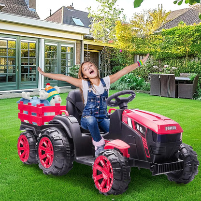 12V Kids Ride On Tractor Toys Trailer Kids Electric Car Toy Tractor With Remote Control 35W Dual Motor Ride 6 Wheels Boys Girls