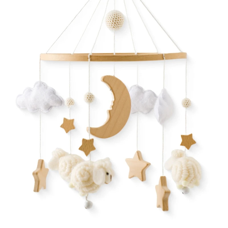 Wooden Baby Rattle Mobile 0-12Month Soft Felt Cartoon Sheep Star Moon Newborn Music Box Hanging Bed Bell Mobile Crib Bracket Toy