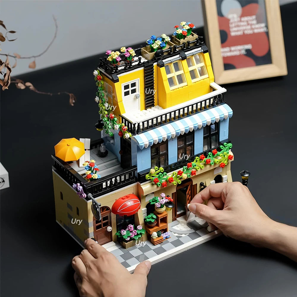 City Street View Modular Coffee Restaurant Retro Flower House with LED Light MOC Architecture Building Block Sets Toys for Kids