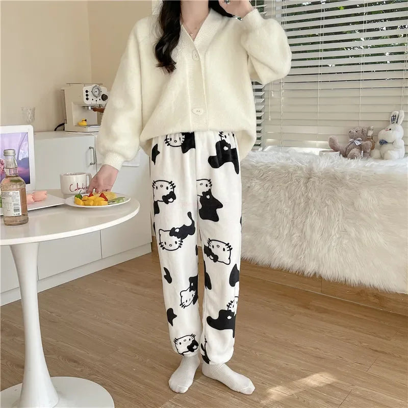 Sanrio Christmas Hello Kitty Pajamas Halloween Flannel Fashion Trouserswomen Kawaii Woolen Anime Cartoon Casual Home Pant Autumn