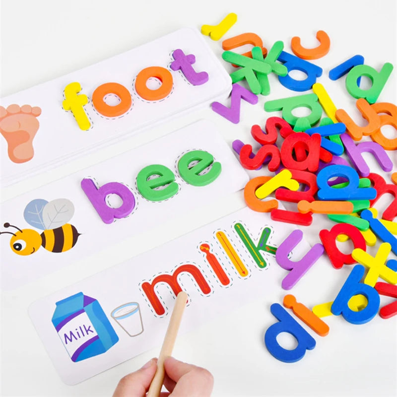 Spelling Word Puzzle Game Wooden 26 Letter English Alphabet Cards Kindergarten Teaching Aids Kids Montessori Education Toy