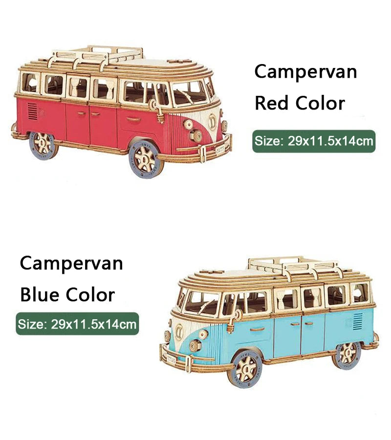 Retro Bus European-style Campervan 3D Wooden Car Puzzle DIY Sailing Ship Airplane Building House Model Jigsaw Toys For Children