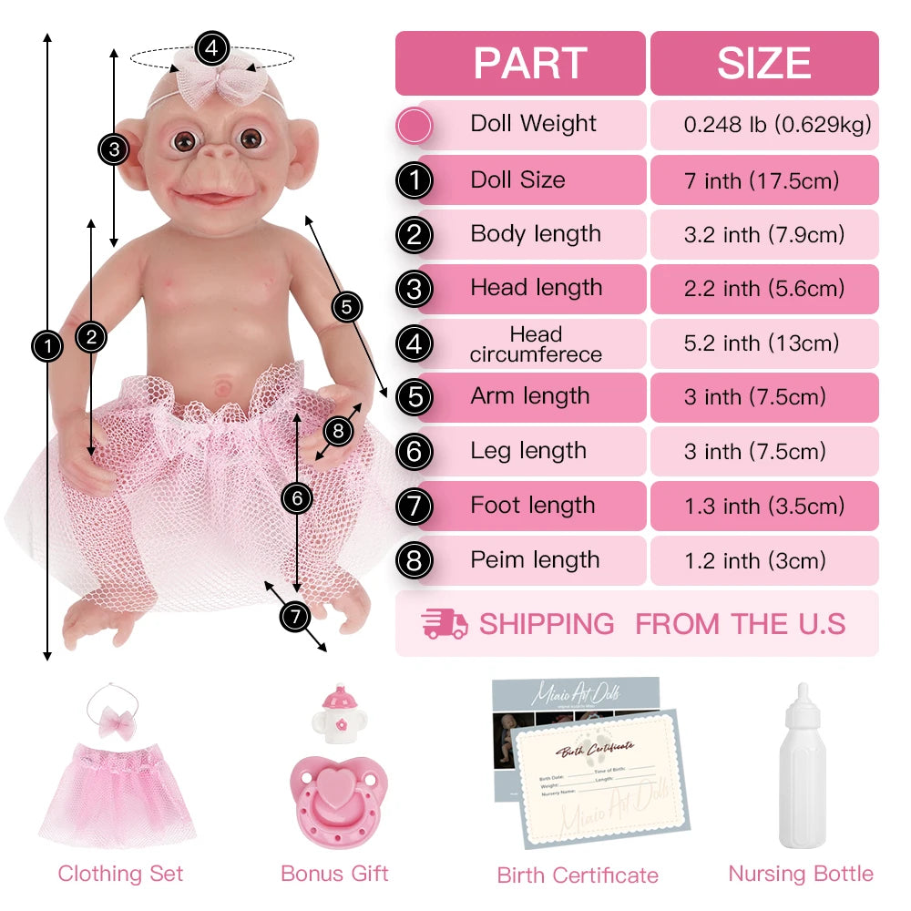 7&quot; Micro Preemie Full Body Silicone Monkey Baby Doll &quot;Lux&quot;Lifelike Mini Reborn Doll Surprice Children Anti-Stress