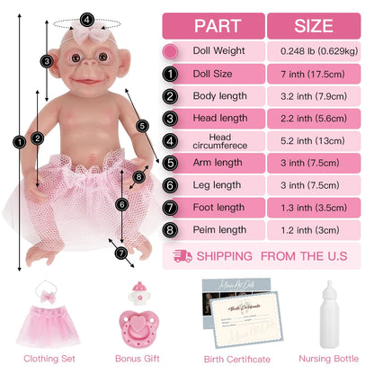 7&quot; Micro Preemie Full Body Silicone Monkey Baby Doll &quot;Lux&quot;Lifelike Mini Reborn Doll Surprice Children Anti-Stress