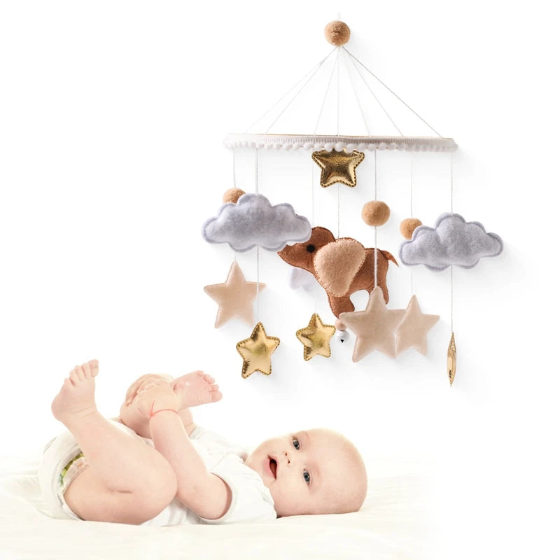 Wooden Baby Rattle Mobile 0-12Month Soft Felt Cartoon Sheep Star Moon Newborn Music Box Hanging Bed Bell Mobile Crib Bracket Toy