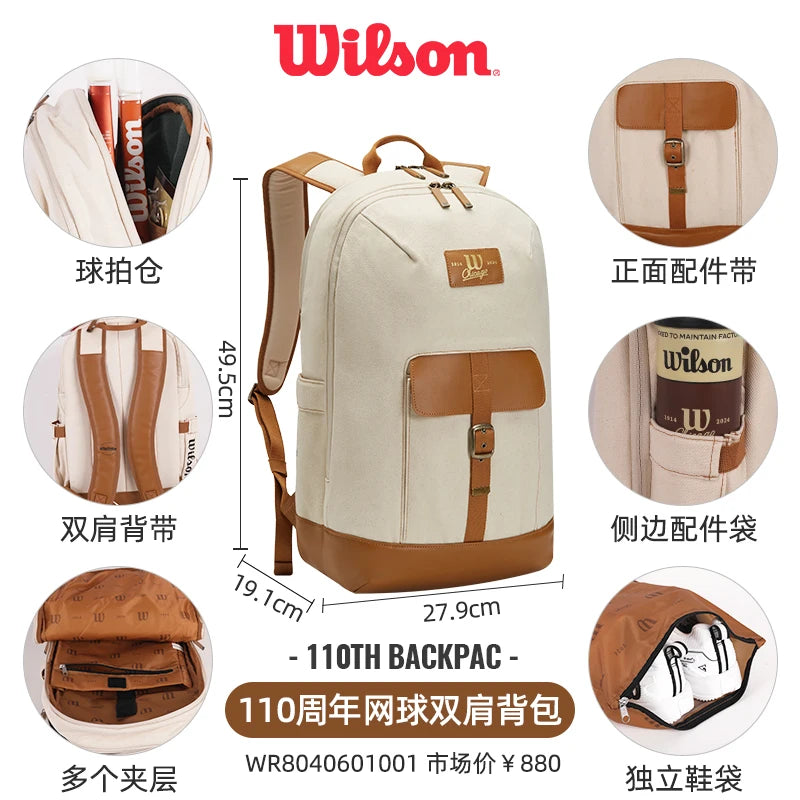 Wilson 110th Anniversary Vintage Tennis Racket backpack Clothing bag 3/6 Rackets large Capacity Tennis Bag