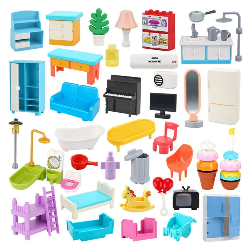 Big Building Blocks Doll House Parts Kitchen Bedroom Bathroom Living Room Sofa Bunk Bed Piano Lamp Compatible Large Bricks Toys