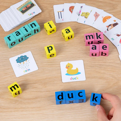 Montessori Wooden Word Spelling Game Learning Toy Alphabet Block with 54 Cards Parent-child Interactive Puzzles Toys Kids Gifts