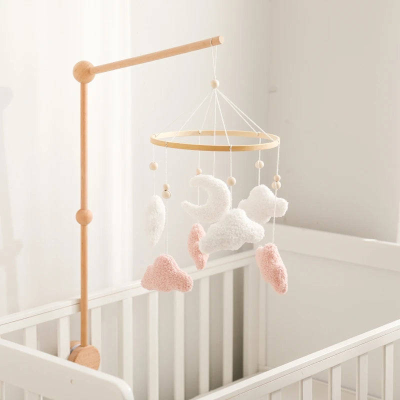 Baby Rattle Toys 0-12 Months Wooden Bed Bell Cartoon Cloud Lamb Hair Mobile Hanging Toy Hanger Crib Mobile Toy Bracket Kid Gifts