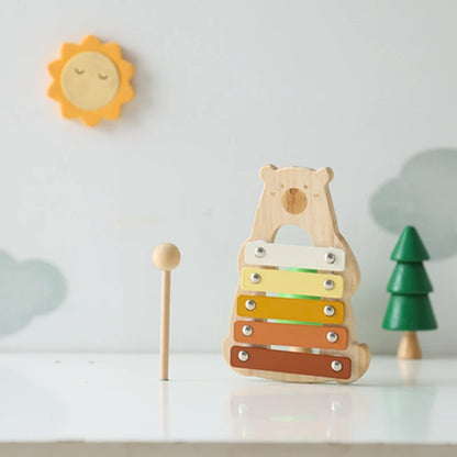 Baby Wooden Musical Instruments Toys Multifunctional Bear Shape Xylophone Octave Playing Musical Percussion Montessori Toys Gift