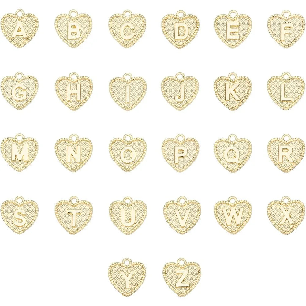 26pcs Alloy Alphabet Metal Charms Golden Heart with Alphabet Pendants Letter A~Z Charms 2mm Hole Pendant for DIY making kit