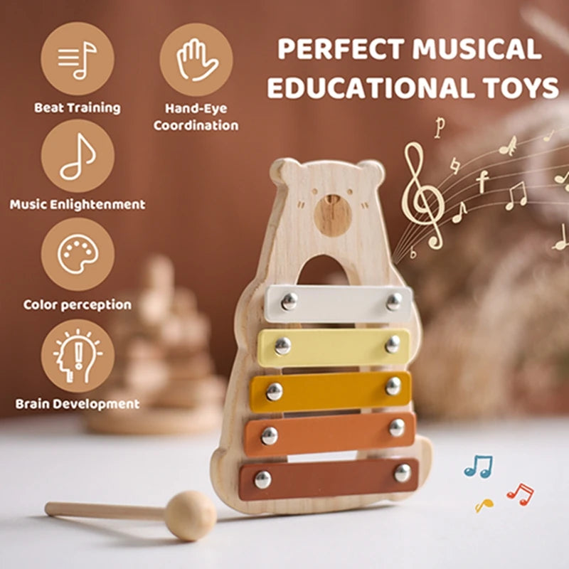 Baby Wooden Musical Instruments Toys Multifunctional Bear Shape Xylophone Octave Playing Musical Percussion Montessori Toys Gift