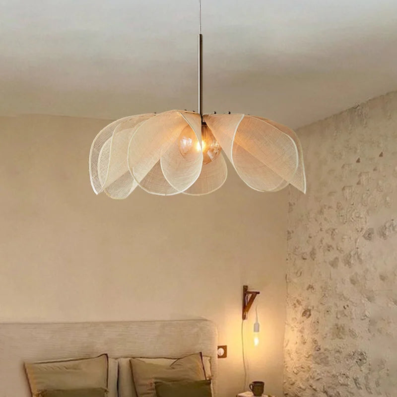 Nordic Fabric LED Flower Pendant Light Living Room Loft Hanging Lamp Kitchen Table Home Decoration Cream Style Lustre Chandelier