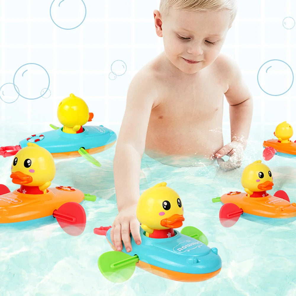 Children Bath Water Playing Toys Chain Rowing Boat Swim Floating Cartoon Duck Infant Baby Early Education Bathroom Beach Gifts