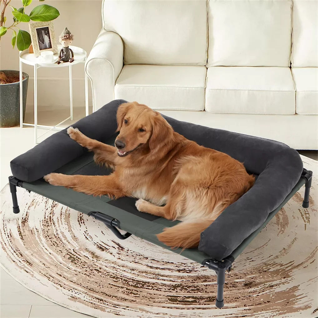 BINGOPAW Outdoor Elevated Dog Bed Cooling Raised Pet Lounger Bed Mesh Cot Sleep Camping Bed with Detachable Plush Bolster