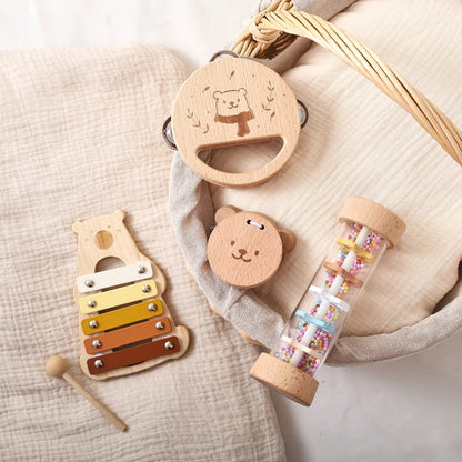 Baby Wooden Musical Instruments Montessori Toys Kids Bear Percussion Xylophone Rain Sound Pipe Music Shaker Early Education Toys