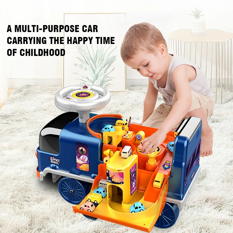 Fire Police Space Car Parking Stroller Toy Children Kids Rail Track Free Wheel Ride On Car for Kids Boys 2-In-1 Telling Story