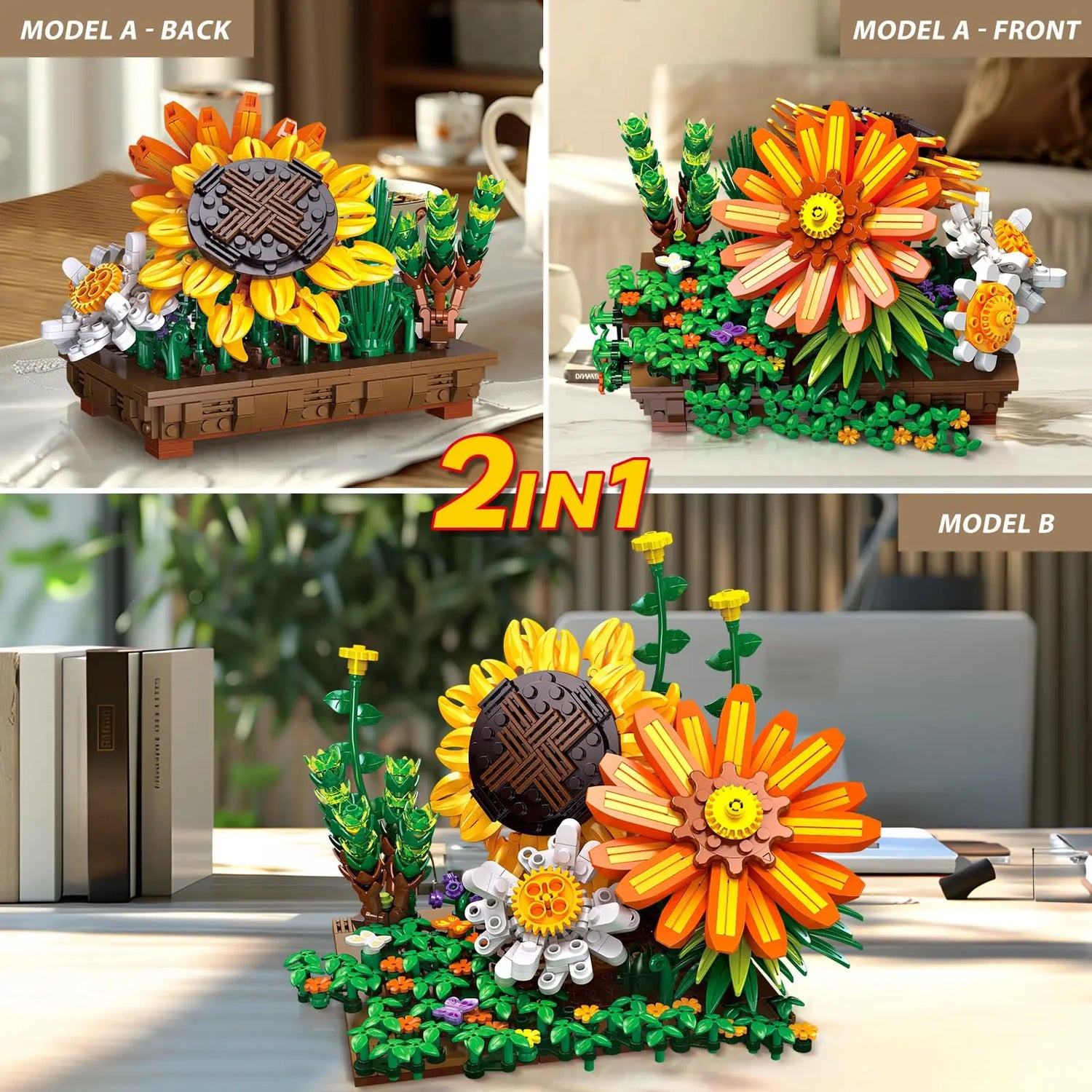 Flower Botanical Bonsai Building Set-2 IN 1 Sunflower Block Toy  Display for Office Décor Valentine&