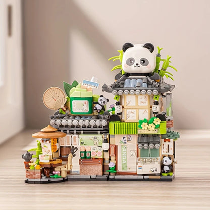 Mini Building Blocks Cute Panda Ornaments Street View Teahouse Assembly Bricks Folding Construction Toys for Children and Adults