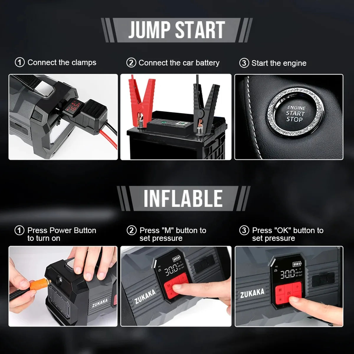ZUKAKA 26800mAh Jump Starter with Air Compressor 4000A Booster Tyre Inflator Portable Car Battery Power Bank Charger Air Pump
