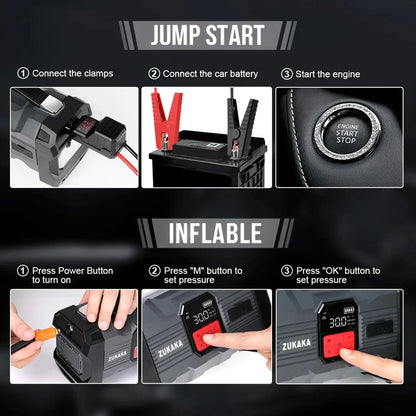 ZUKAKA 26800mAh Jump Starter with Air Compressor 4000A Booster Tyre Inflator Portable Car Battery Power Bank Charger Air Pump
