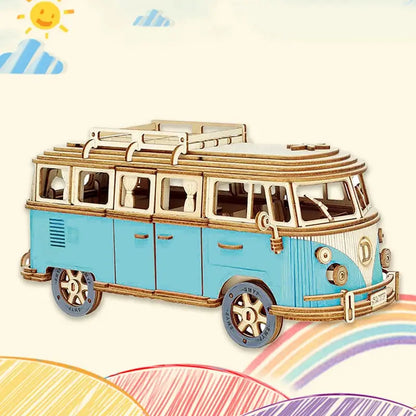 Retro Bus European-style Campervan 3D Wooden Car Puzzle DIY Sailing Ship Airplane Building House Model Jigsaw Toys For Children