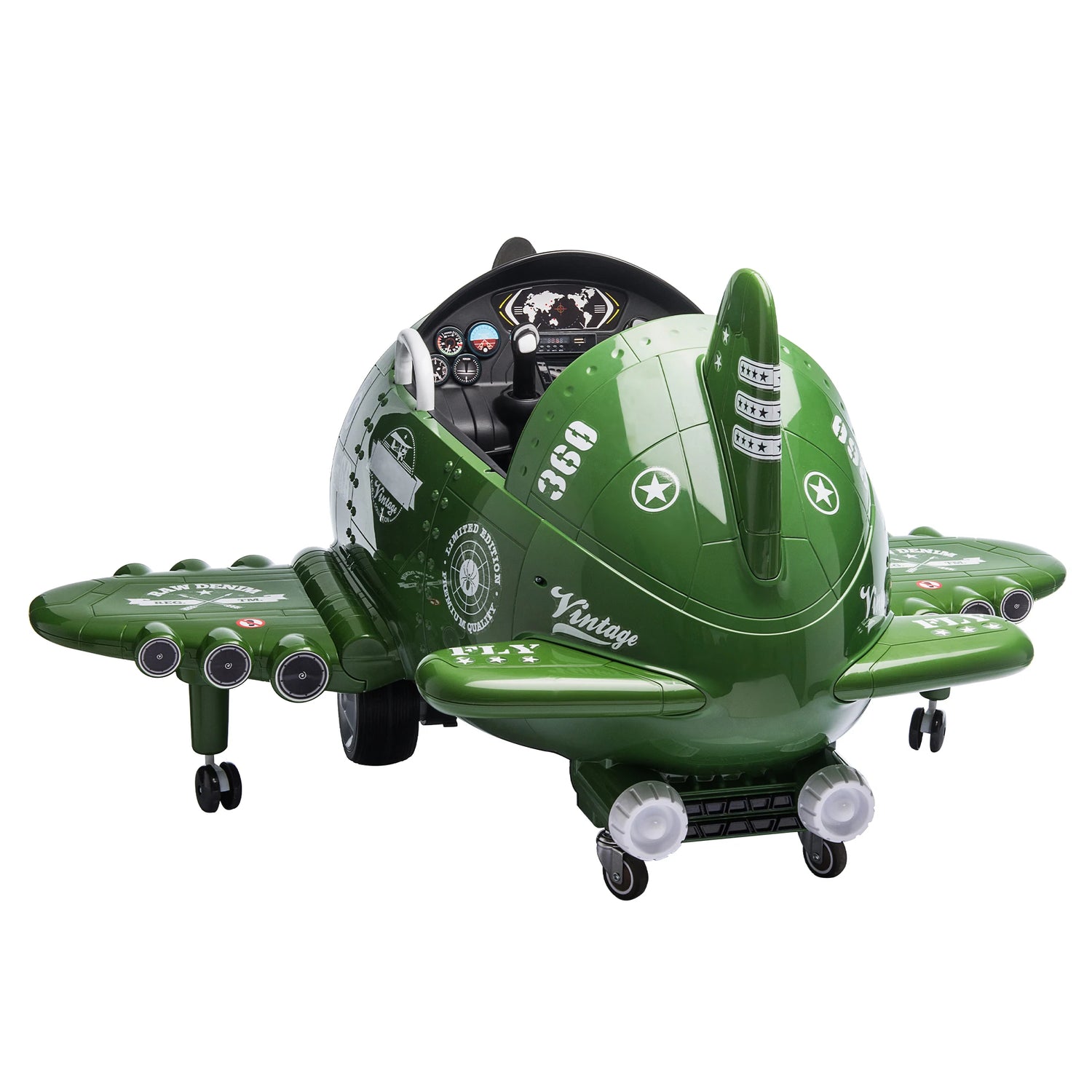 12V Electric Kids Ride on Toy Plane with USB, FM, Wind-Driven Propeller, 360-Degree Rotating by 2 Joysticks, Remote Control for