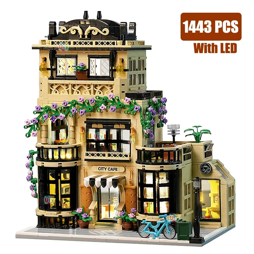 City Street View Modular Coffee Restaurant Retro Flower House with LED Light MOC Architecture Building Block Sets Toys for Kids