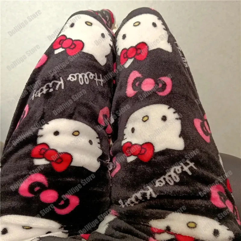 Sanrio Christmas Hello Kitty Pajamas Halloween Flannel Fashion Trouserswomen Kawaii Woolen Anime Cartoon Casual Home Pant Autumn