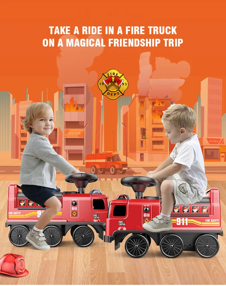 Fire Police Space Car Parking Stroller Toy Children Kids Rail Track Free Wheel Ride On Car for Kids Boys 2-In-1 Telling Story