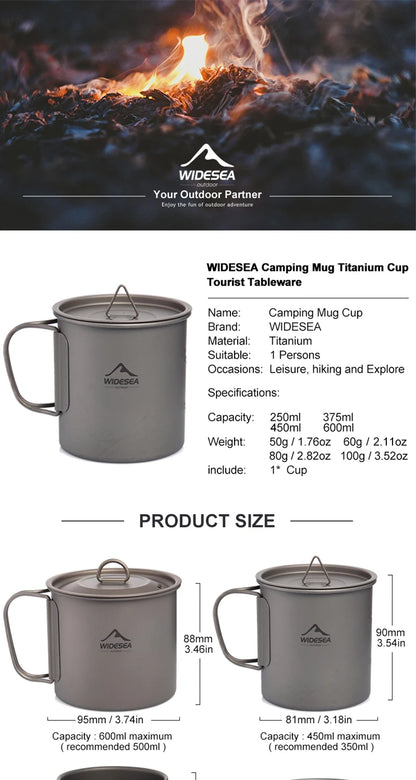 Widesea Camping Titanium Kettle Outdoor Tea Coffee Kettle Tableware Pot Supplies Tourist Dishes Hiking Cooking Equipment