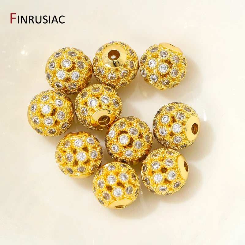 18K Gold Plated Brass Hollow Round Beads,8mm Ball Beads,Inlaid Zircon Spacer Beads For DIY Bracelets Neckalce Making Accessories