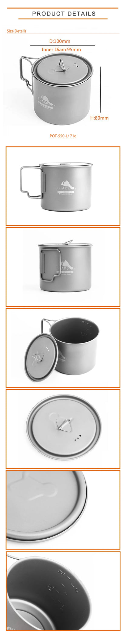 TOAKS Titanium 550ml Pot POT-550-L Ultralight Version Cup 0.3mm, Outdoor Camping Mug with Lid and Foldable Handle 550ml 72g