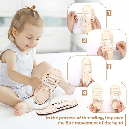 2pc Wooden Lacing Shoe Toy Learn to Tie Laces Creative Threading Educational Toys Practice Tying Shoelaces Boards Montessori Toy