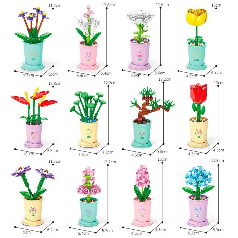 HOT MOC Flowers DIY Potted Plants Micro Landscapes Mini Art Construction Building Blocks Sets Model Dolls Brick Girls Toys Gifts