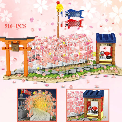 SEMBO BLOCK Sakura Street View Blocks City Cherry Blossom Japanese Sakura Tree Diy House Mini Model Building Children Toys