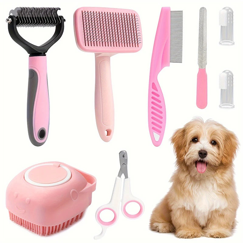 8Pcs Pet Dog Brush Grooming Set Pet Self-cleaning Set Pet Shampoo Bath Brush Pet Nail Clippers File Flea Comb Pet Supplies