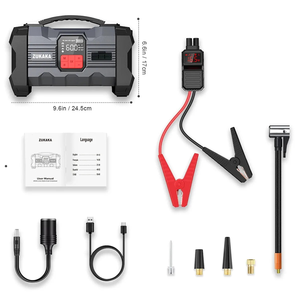 ZUKAKA 26800mAh Jump Starter with Air Compressor 4000A Booster Tyre Inflator Portable Car Battery Power Bank Charger Air Pump