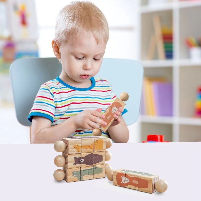 Baby Wooden Montessori Toys Cartoon Animal Crocodile Bear Rotate Blocks Rattle Puzzle Game Baby Food Grade Wooden Teether Toys