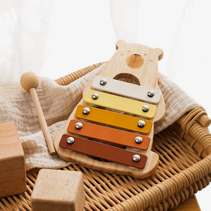 Baby Wooden Musical Instruments Toys Multifunctional Bear Shape Xylophone Octave Playing Musical Percussion Montessori Toys Gift