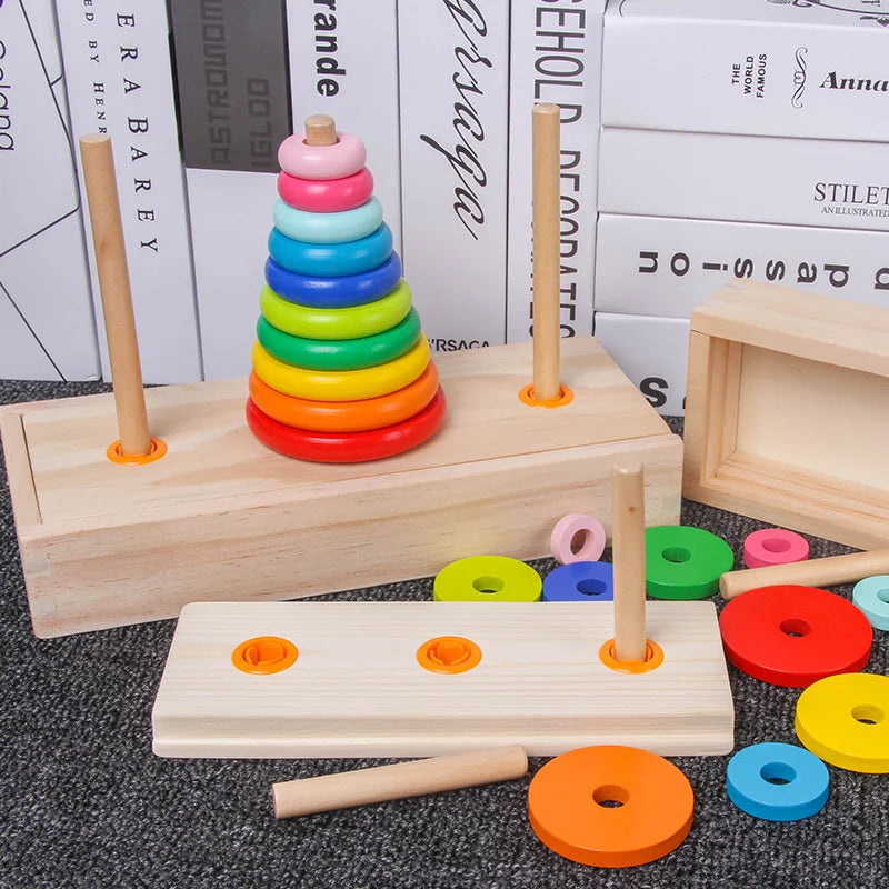 Classic Wooden Puzzle Stack Tower Of Hanoi Kid Mathematical Early Educational Toys Parent-child Interaction Toy With Storage Box