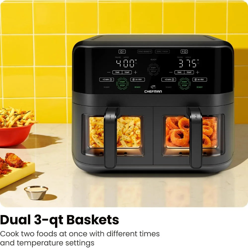 6 Quart Dual Basket Air Fryer Oven with Easy View Windows, Sync Finish, Hi-Fry, Auto Shutoff