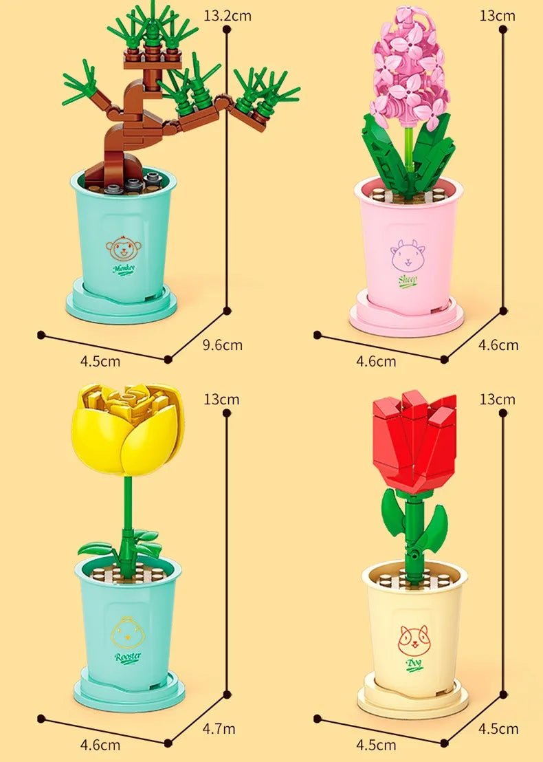 HOT MOC Flowers DIY Potted Plants Micro Landscapes Mini Art Construction Building Blocks Sets Model Dolls Brick Girls Toys Gifts