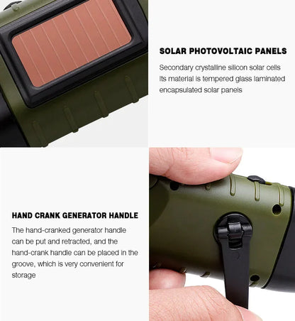 LED Flashlight Hand Crank Solar Powered Rechargeable Survival Gear Self Powered Charging Torch Dynamo for Fishing Boating Hiking