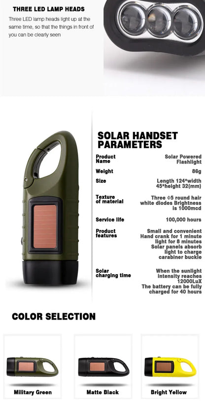 LED Flashlight Hand Crank Solar Powered Rechargeable Survival Gear Self Powered Charging Torch Dynamo for Fishing Boating Hiking