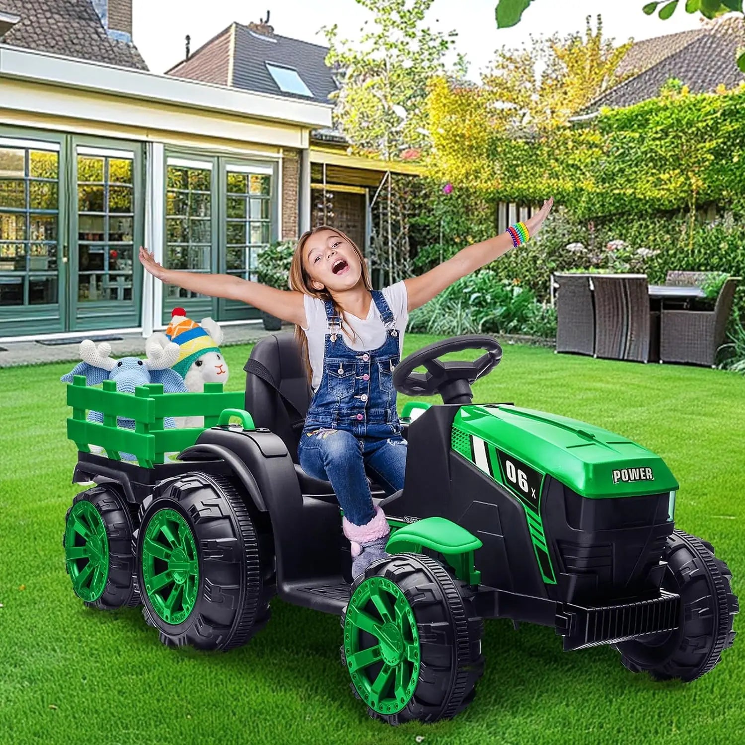 12V Kids Ride On Tractor Toys Trailer Kids Electric Car Toy Tractor With Remote Control 35W Dual Motor Ride 6 Wheels Boys Girls