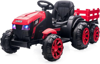 12V Kids Ride On Tractor Toys Trailer Kids Electric Car Toy Tractor With Remote Control 35W Dual Motor Ride 6 Wheels Boys Girls